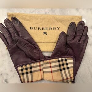 Burberry Dark Purple Leather Women’s Gloves with Check Print, Size 7.0